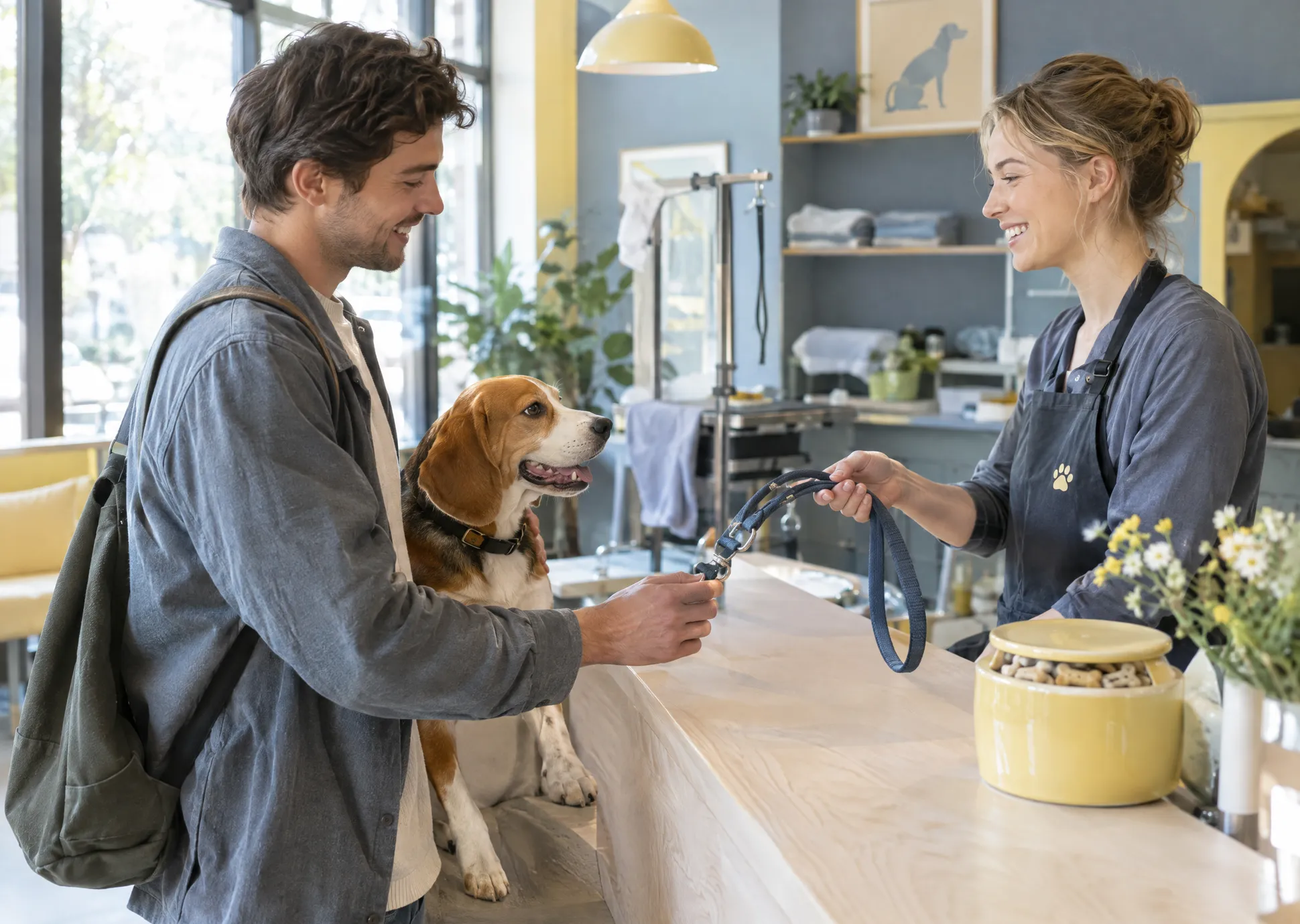 An owner collecting his freshly groomed beagle at the salon counter