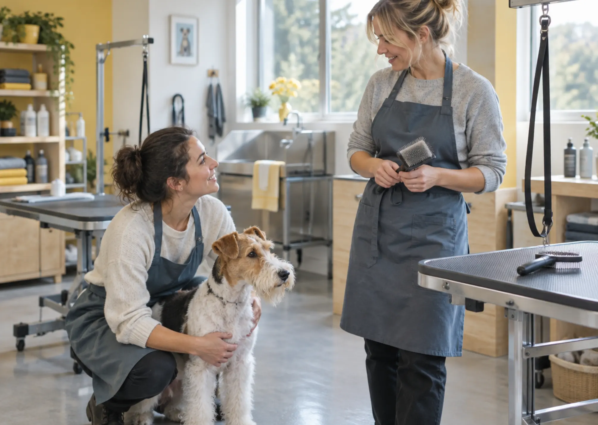 Two groomers talking between the tables in the salon, a wire fox terrier beside them
