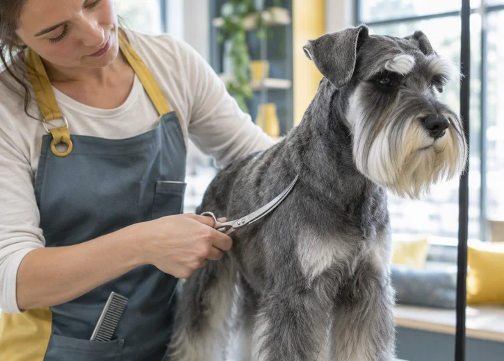 A groomer shaping a schnauzer’s coat with curved shears