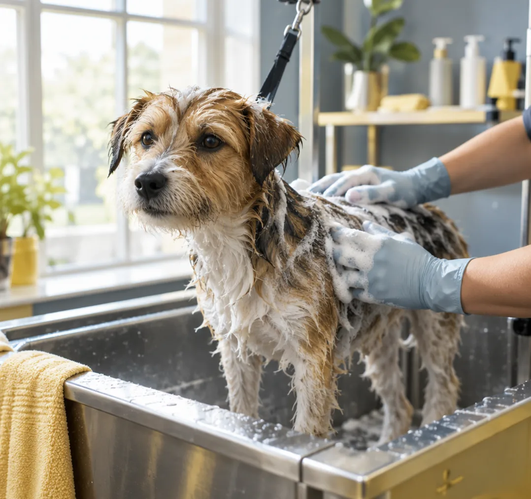 A wet terrier being lathered in a raised stainless steel bath