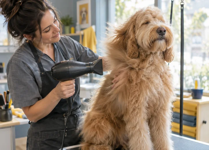 A doodle being blow-dried on the grooming table