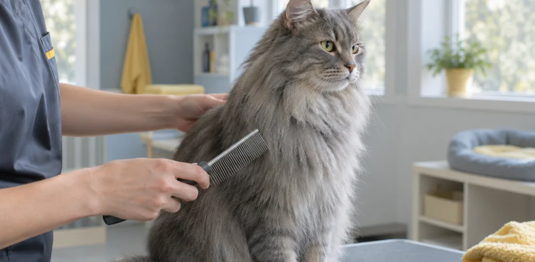 A long-haired grey cat being combed on a grooming table