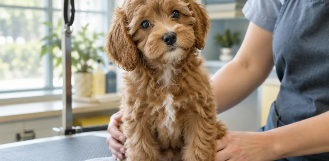 A cavapoo puppy sitting on a grooming table with a groomer’s hands beside it