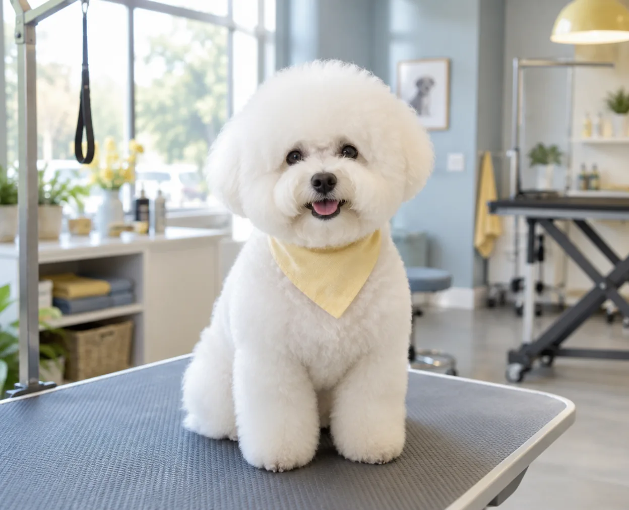 A freshly groomed bichon frise sitting on the grooming table in a yellow bandana