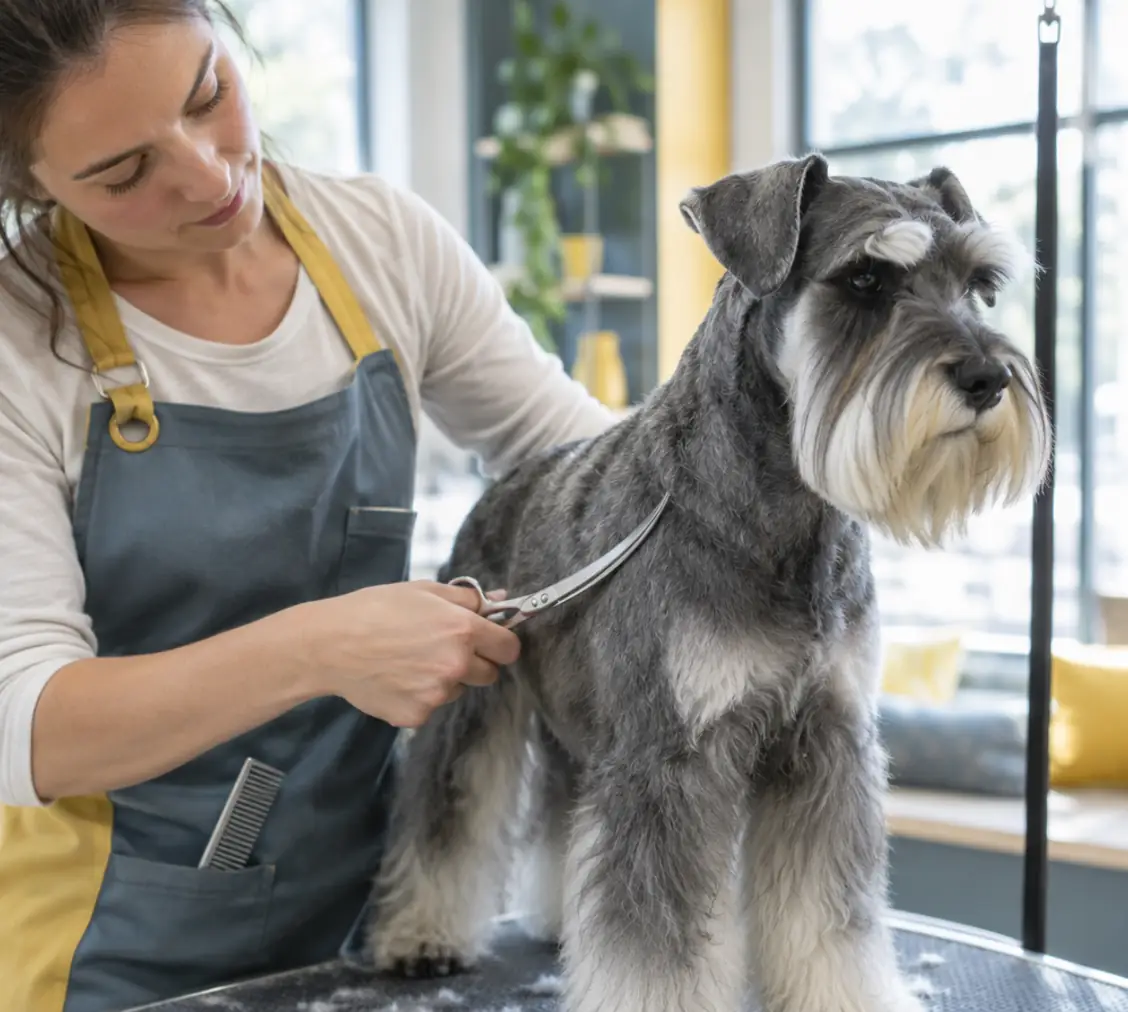 A groomer shaping a schnauzer’s coat with curved shears