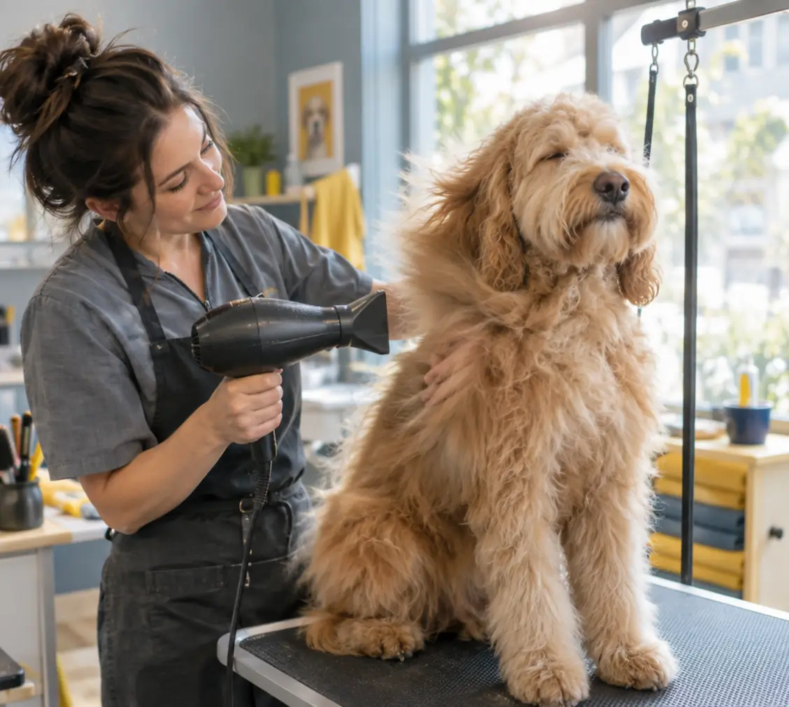 A doodle being blow-dried on the grooming table