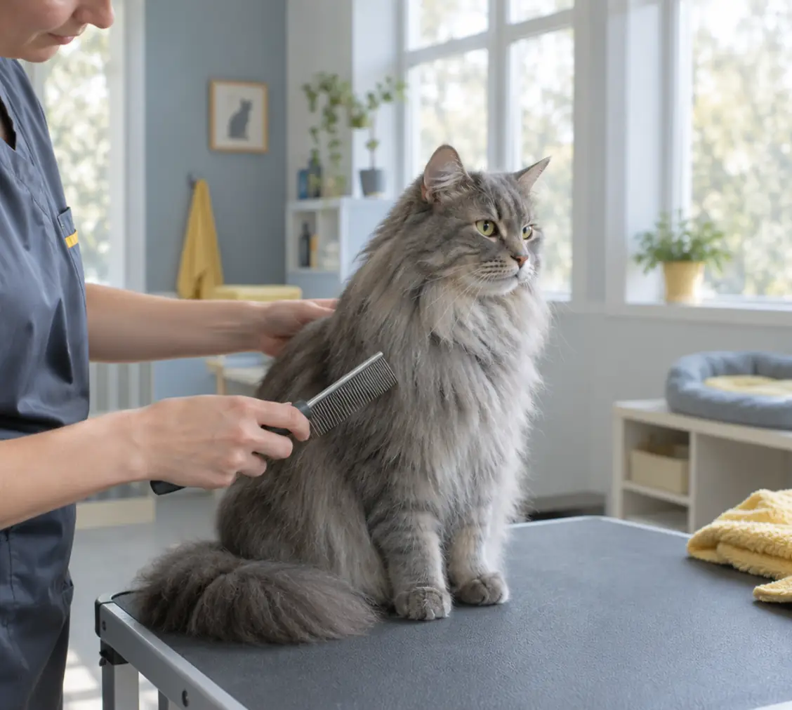 A long-haired grey cat being combed on a grooming table