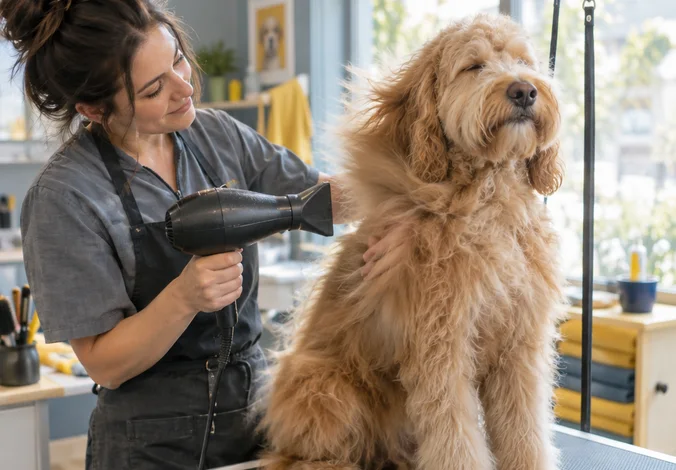 A groomer blow-drying a doodle’s coat